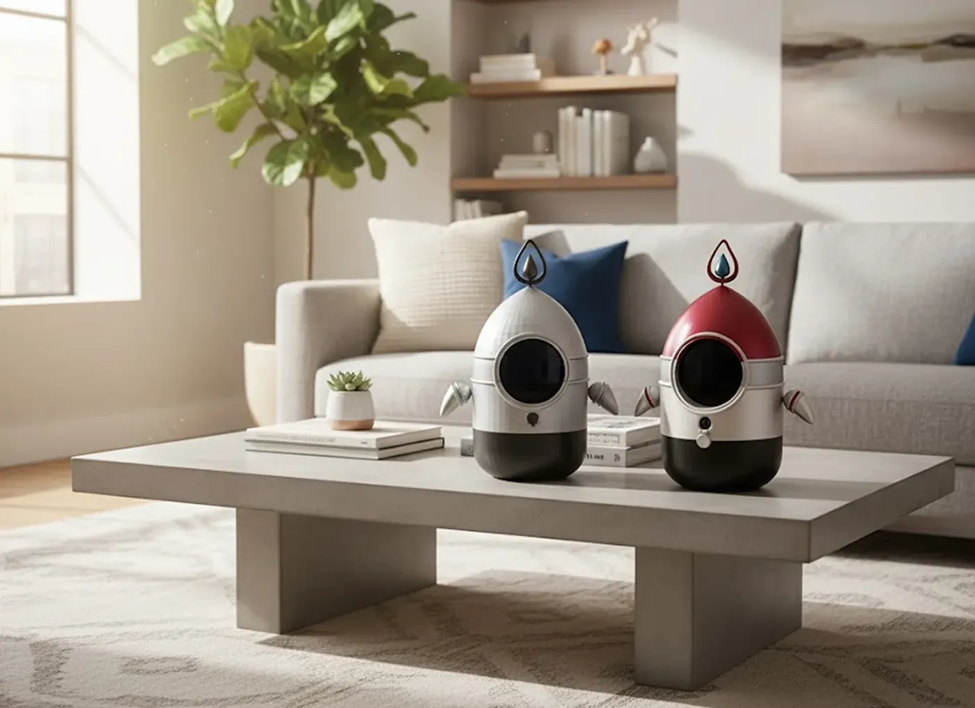 Two Atto care robots, one silver and one red, on a living-room table