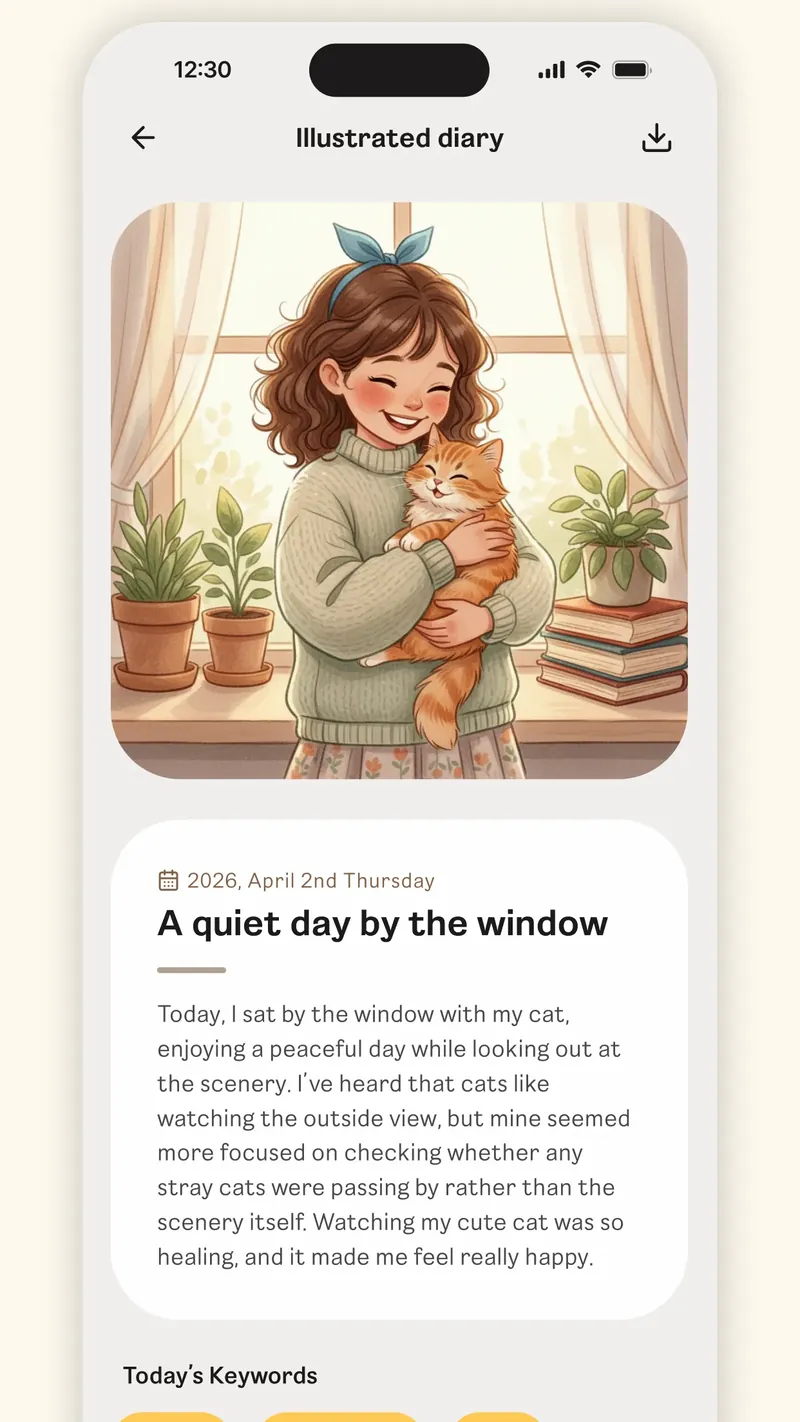 Ditto illustrated diary: a drawing of a person holding a cat by a window, above the day’s entry