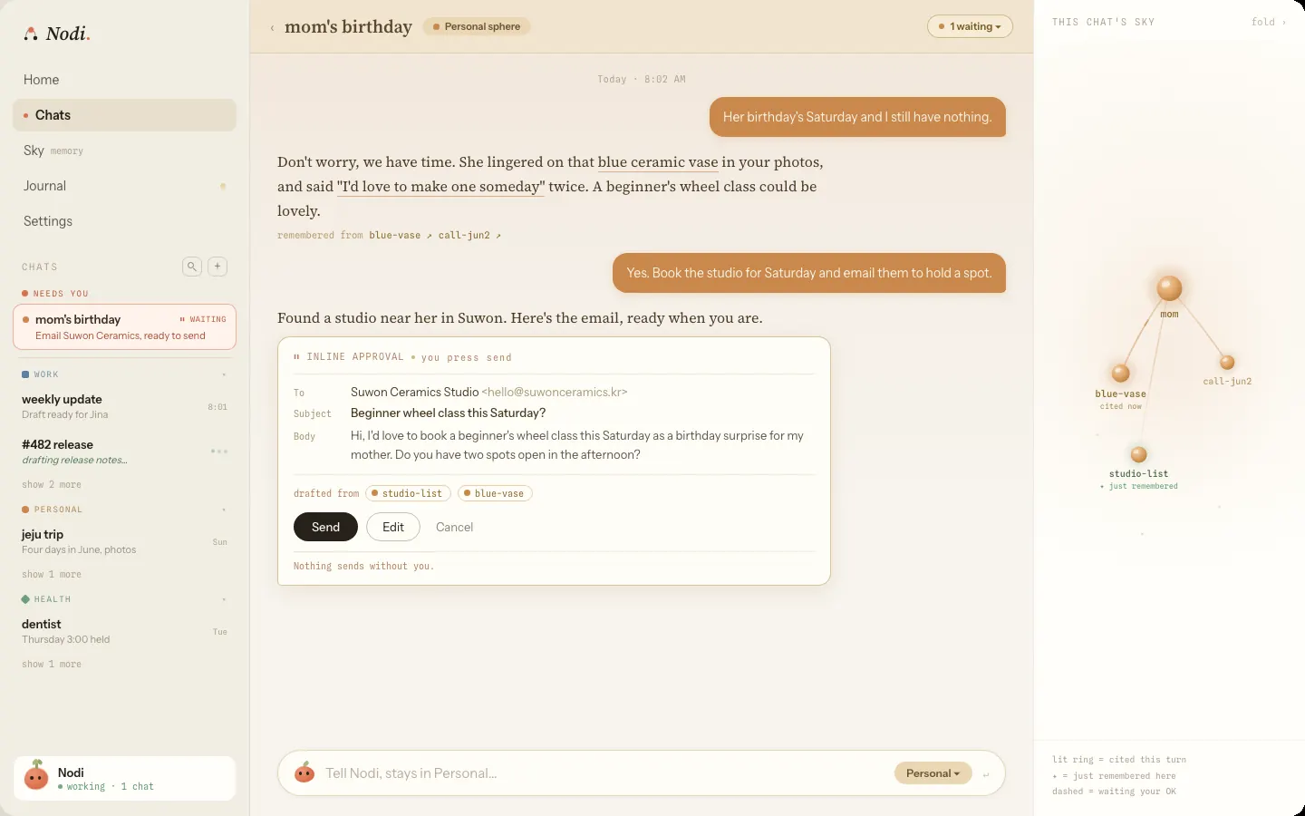 The Nodi app: a chat where Nodi drafts an email and waits for approval before sending