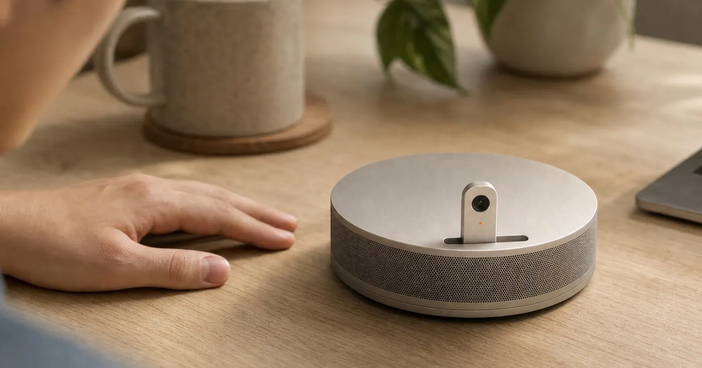 The Nodi device on a desk with its camera raised