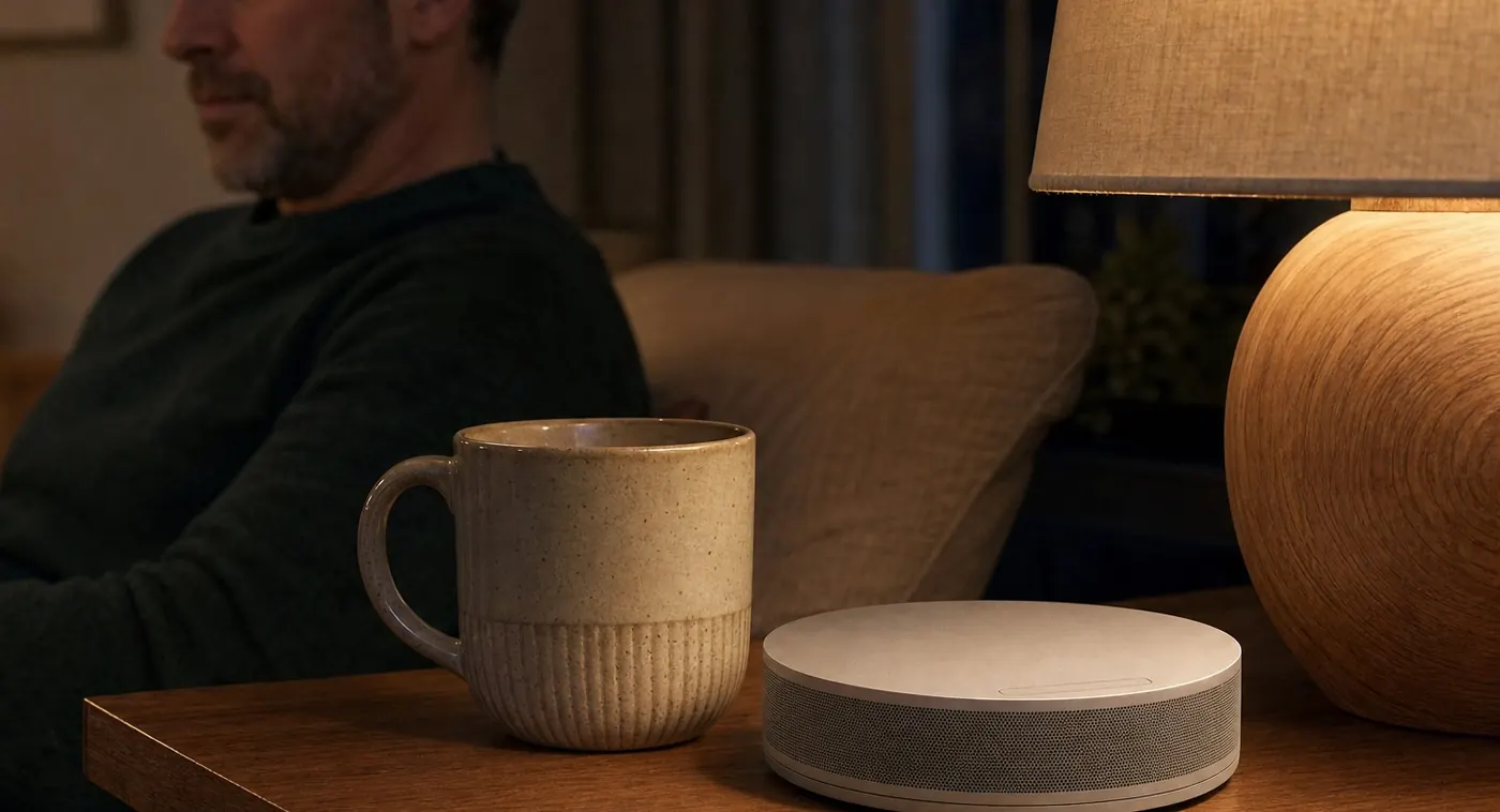 The Nodi device beside a mug at night, its camera stowed inside the body